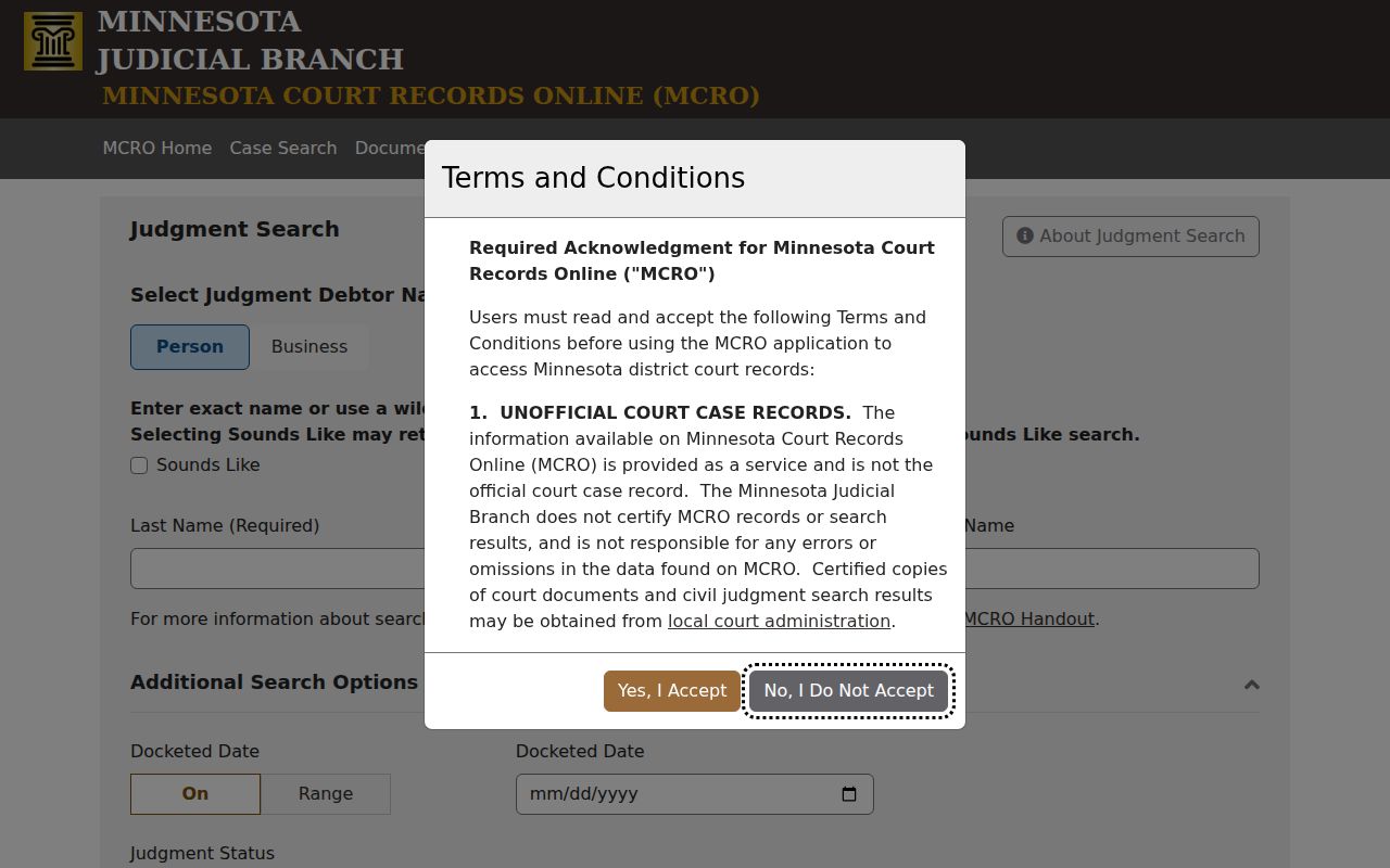 Murray County case search MCRO Judgment Search interface